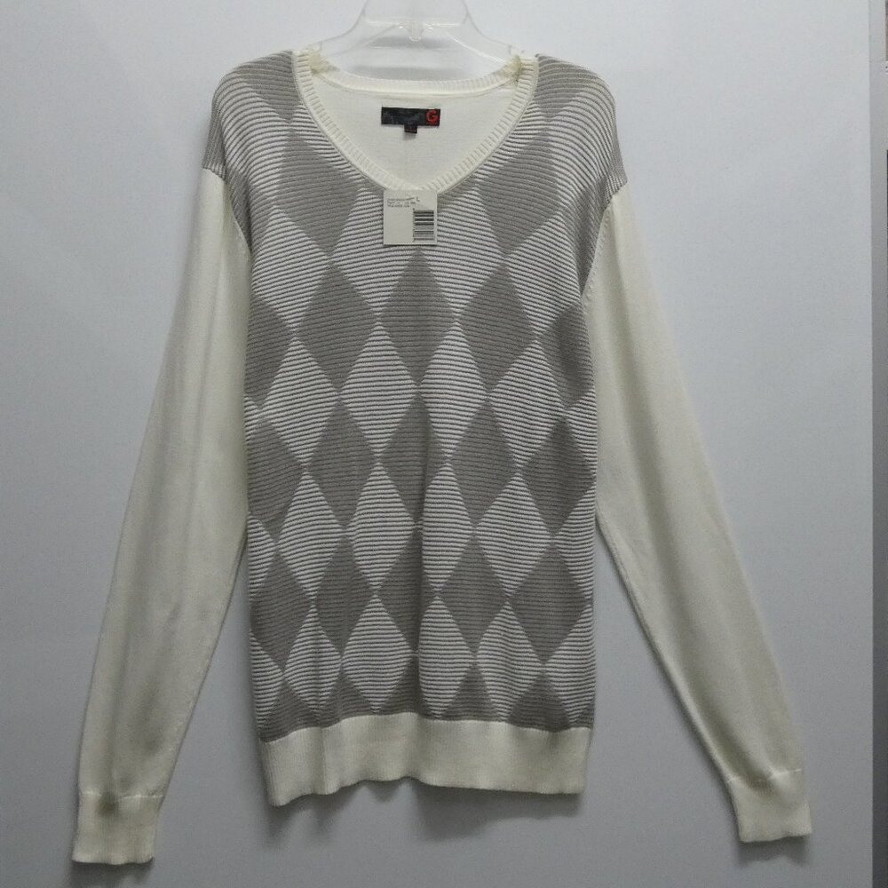 NWT G BY GUESS Gray & True White V-Neck 100% Cotton Sweater Size L